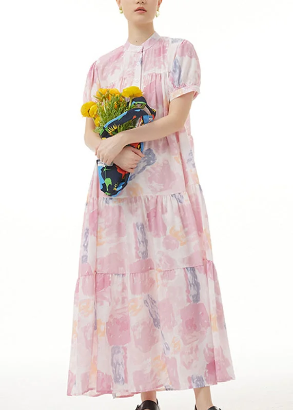 Casual Pink Stand Collar Patchwork Maxi Dress Summer Short Sleeve Elegant Lace Maxi Dress Casual Pink Stand Collar Patchwork Maxi Dress Summer Short Sleeve Elegant Lace Maxi Dress