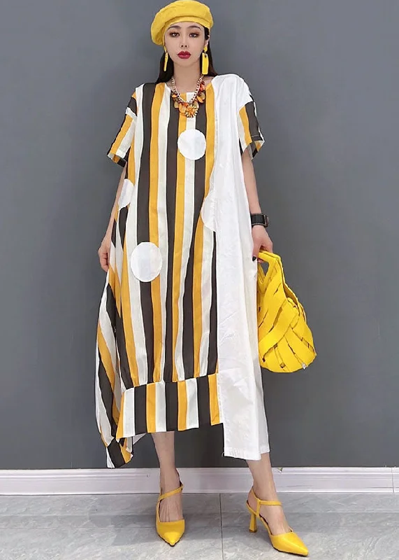 Chic Yellow Asymmetrical Striped Print Patchwork Cotton Maxi Dresses Short Sleeve Trendy Printed Maxi Dress Chic Yellow Asymmetrical Striped Print Patchwork Cotton Maxi Dresses Short Sleeve Trendy Printed Maxi Dress