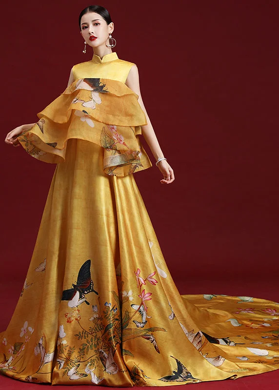 Elegant Yellow Stand Collar Print Ruffled Silk Maxi Dresses Sleeveless Elegant Lace-Up Maxi Dress