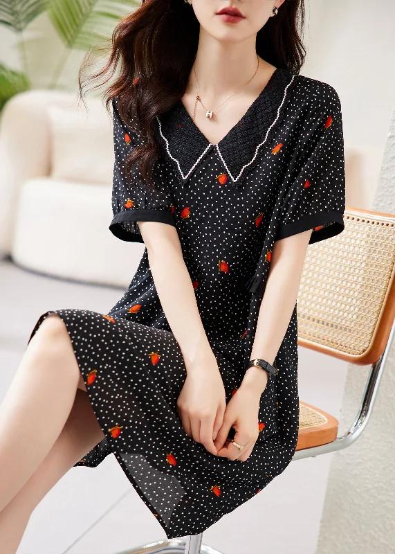 Fine Black Peter Pan Collar Dot Print Chiffon Maxi Dresses Short Sleeve Fashionable Open-Back Maxi Dress Fine Black Peter Pan Collar Dot Print Chiffon Maxi Dresses Short Sleeve Fashionable Open-Back Maxi Dress