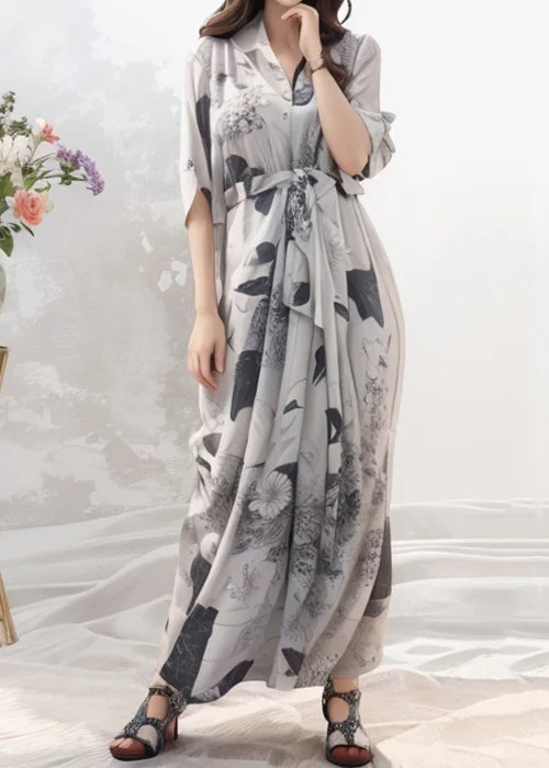 French Grey Print Tie Waist Silk Maxi Dresses Half Sleeve Comfortable Long-Sleeve Maxi Dress French Grey Print Tie Waist Silk Maxi Dresses Half Sleeve Comfortable Long-Sleeve Maxi Dress