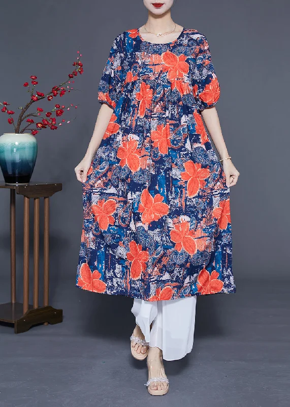 French Navy O-Neck Floral Print Silk Maxi Dress Summer Comfortable Bohemian Maxi Dress French Navy O-Neck Floral Print Silk Maxi Dress Summer Comfortable Bohemian Maxi Dress