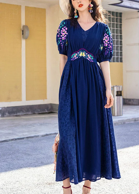 French Tibetan Blue Embroideried Patchwork Silk Maxi Dresses Spring Trendy Maxi Dress with Lace French Tibetan Blue Embroideried Patchwork Silk Maxi Dresses Spring Trendy Maxi Dress with Lace