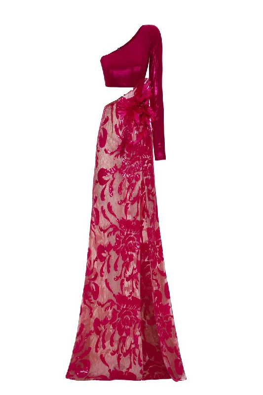 FUCHSIA ONE-SHOULDER MAXI DRESS WITH 3D FLOWER DETAILS Comfortable Fit-and-Flare Maxi Dress FUCHSIA ONE-SHOULDER MAXI DRESS WITH 3D FLOWER DETAILS Comfortable Fit-and-Flare Maxi Dress