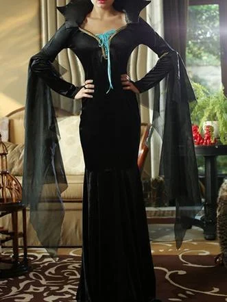 Halloween Black Long Sleeve Witch Maxi Dress Cozy Maxi Dress with Slit