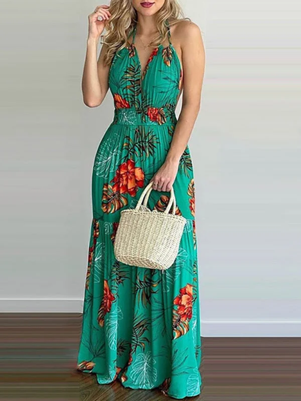 Blue Zone Planet | Halterneck Tie V-neck Floral Print Open-back Maxi Dress Elegant Boho Maxi Dress Blue Zone Planet | Halterneck Tie V-neck Floral Print Open-back Maxi Dress Elegant Boho Maxi Dress