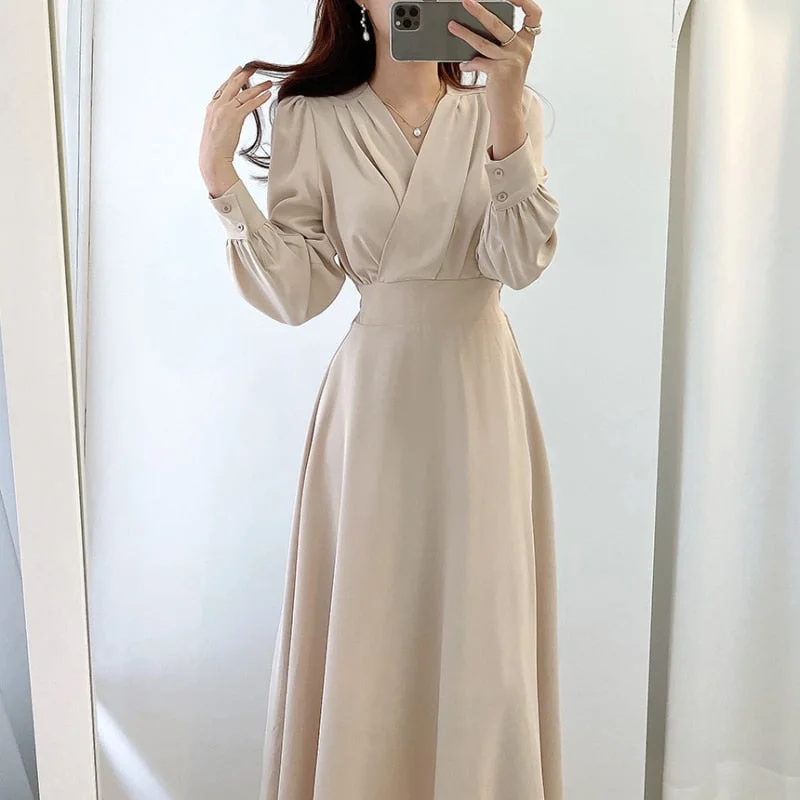 Harajuku V-neck Puff Sleeve A-line Maxi Dresses for Woman Women Solid Color Midi Robe Korean Office Dresses Elegant Spring Cozy Knit Maxi Dress