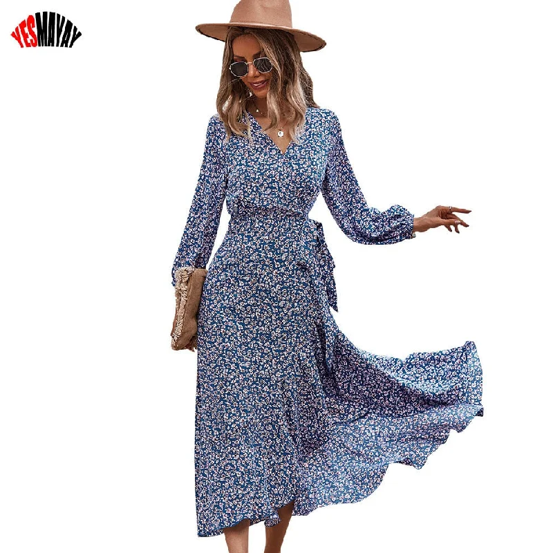Ladies Maxi Dresses Elegant Autumn Winter Casual Long Sleeve Dress For Women Lace Up Ruffles Floral Beach Party Dress Robe 2022 Stylish V-Neck Maxi Dress Ladies Maxi Dresses Elegant Autumn Winter Casual Long Sleeve Dress For Women Lace Up Ruffles Floral Beach Party Dress Robe 2022 Stylish V-Neck Maxi Dress
