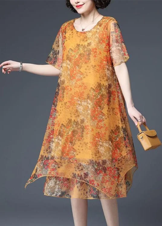 Loose Yellow O-Neck Print Asymmetrical Tulle Maxi Dresses Short Sleeve Chic Summer Floral Maxi Dress Loose Yellow O-Neck Print Asymmetrical Tulle Maxi Dresses Short Sleeve Chic Summer Floral Maxi Dress
