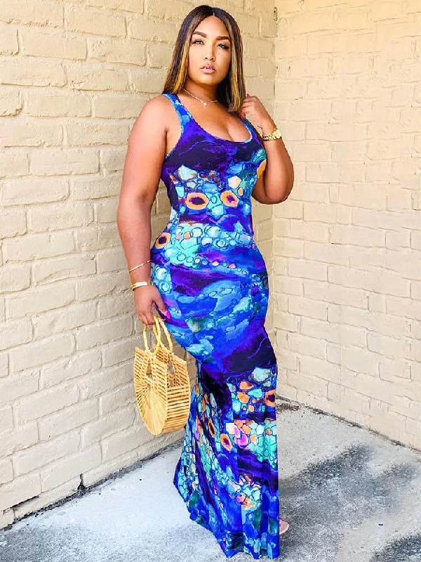 Sleeveless Floral Stripe Tie-Dyed Sundress Maxi Dresses Classic Solid Maxi Dress