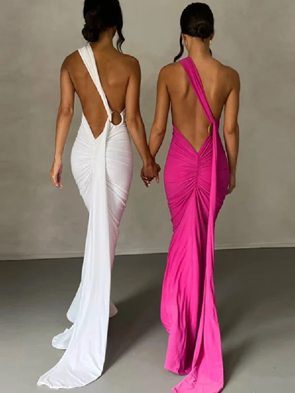 Oblique Shoulder Backless Maxi Dress For Women Gown Summer Back Strap Sleeveless Ruched Party Sexy Long Dress Vestidos Trendy Maxi Dress with Straps