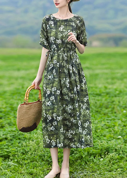 Organic Green O-Neck Print Slim Tie Waist Linen Maxi Dresses Short Sleeve Elegant Maxi Dress with Drapes Organic Green O-Neck Print Slim Tie Waist Linen Maxi Dresses Short Sleeve Elegant Maxi Dress with Drapes