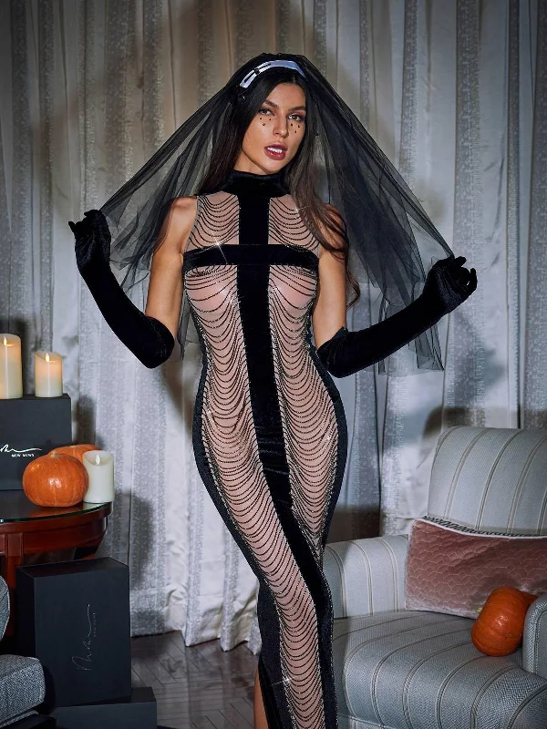 Pablo High Neck Chain Fringe Maxi Dress With Gloves In Black Comfortable Flowy Maxi Dress Pablo High Neck Chain Fringe Maxi Dress With Gloves In Black Comfortable Flowy Maxi Dress