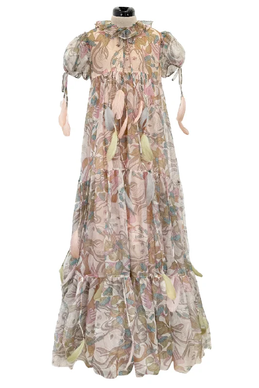 Phenomenal 1960s Gina Fratini Printed Tiered Baby Doll Maxi Dress w Poufed Cap Sleeves & Feather Details Cozy Maxi Dress with Slit Phenomenal 1960s Gina Fratini Printed Tiered Baby Doll Maxi Dress w Poufed Cap Sleeves & Feather Details Cozy Maxi Dress with Slit