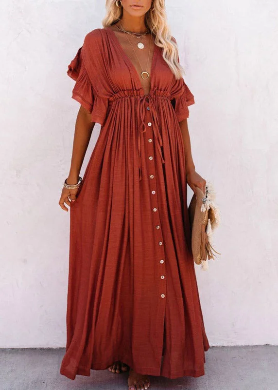 Red V Neck Button Maxi Dresses Short Sleeve Trendy Floral Print Maxi Dress