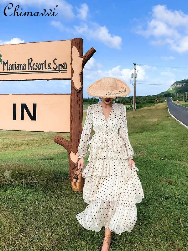 Retro Dots Cake Maxi Dress able V-neck Chiffon Dress for Women 2022 Autumn High Waist Slimming Fairy Seaside Beach Dress Fashionable High-Low Maxi Dress Retro Dots Cake Maxi Dress able V-neck Chiffon Dress for Women 2022 Autumn High Waist Slimming Fairy Seaside Beach Dress Fashionable High-Low Maxi Dress