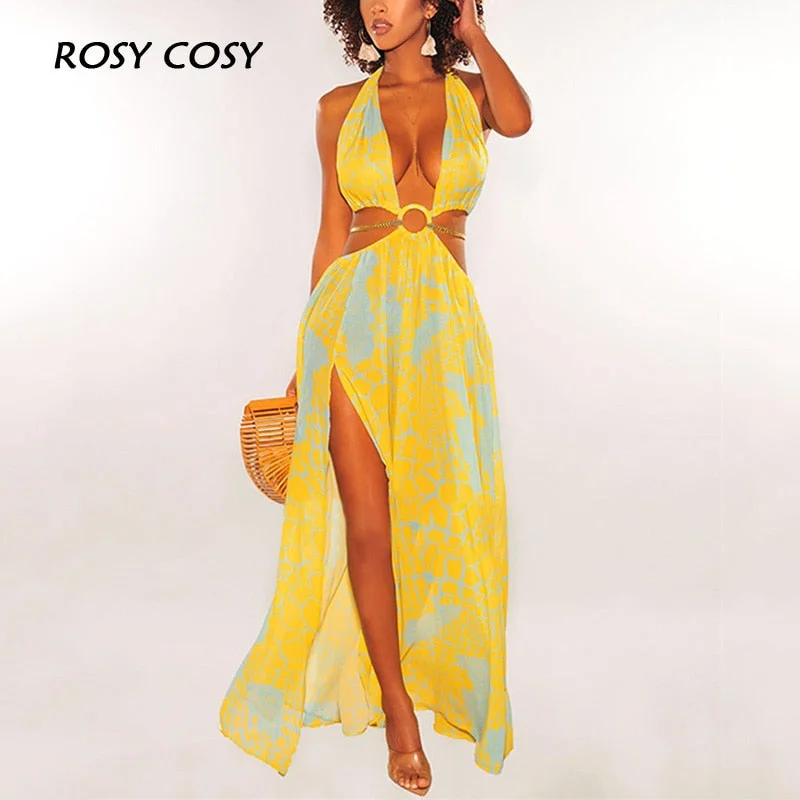 Sexy Backless Haler Bandage Women Maxi Dress Colorful Print V-Neck Slit Lady Beach Dress Summer Femme Streetwear Party Vestido Comfortable Casual Maxi Dress Sexy Backless Haler Bandage Women Maxi Dress Colorful Print V-Neck Slit Lady Beach Dress Summer Femme Streetwear Party Vestido Comfortable Casual Maxi Dress