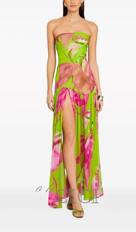 STRAPLESS SILK MAXI DRESS IN LIME ANTHURIUM Elegant Velvet Maxi Dress