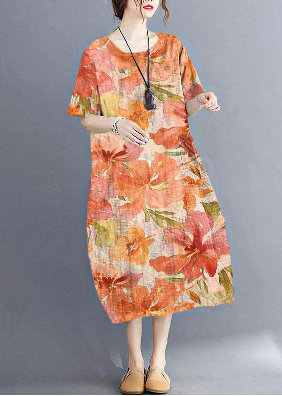 Stylish Orange flower O Neck Plaid Maxi Dresses Cotton Linen Summer Trendy Printed Maxi Dress