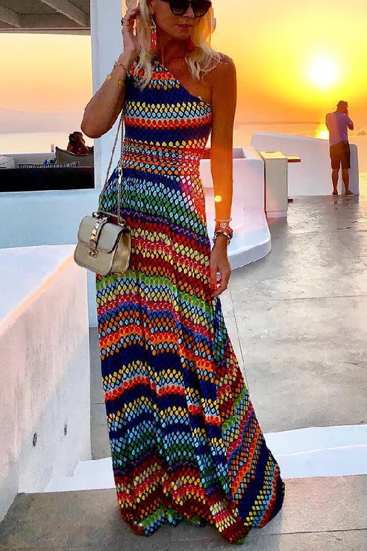 Sunset Stories One Shoulder Muti Color Maxi Dress Stylish Pleated A-Line Maxi Dress