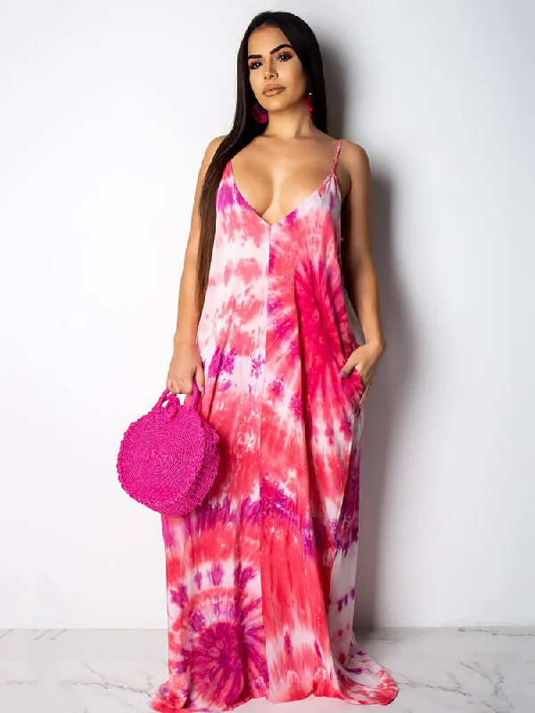 Spaghetti Strap V Neck Boho Maxi Dresses Trendy Button Front Maxi Dress
