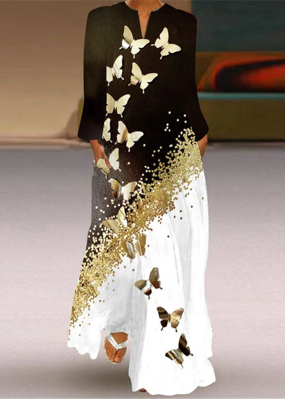 Unique Butterfly Print Pockets Chiffon Maxi Dresses Long Sleeve Fashionable Faux Wrap Maxi Dress Unique Butterfly Print Pockets Chiffon Maxi Dresses Long Sleeve Fashionable Faux Wrap Maxi Dress