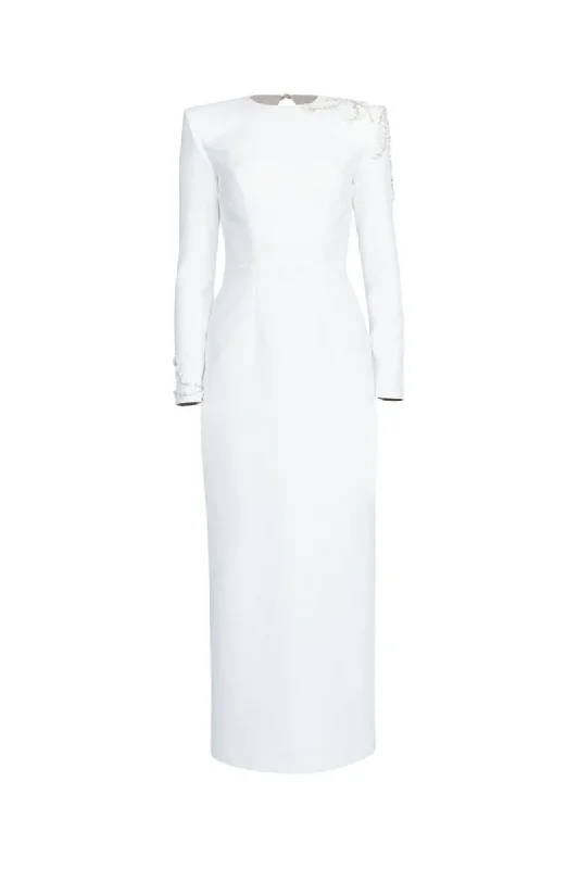 WHITE PADDED SHOULDERS MAXI DRESS Trendy Button Front Maxi Dress