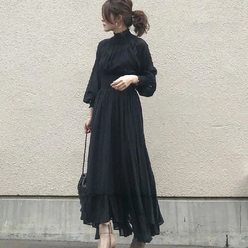 Women Black Dress Long Sleeve Ruffle A Line High Waisted Female Korean One Piece Sweet Office Lady Spring Maxi Dress Elegant Boho Maxi Dress Women Black Dress Long Sleeve Ruffle A Line High Waisted Female Korean One Piece Sweet Office Lady Spring Maxi Dress Elegant Boho Maxi Dress