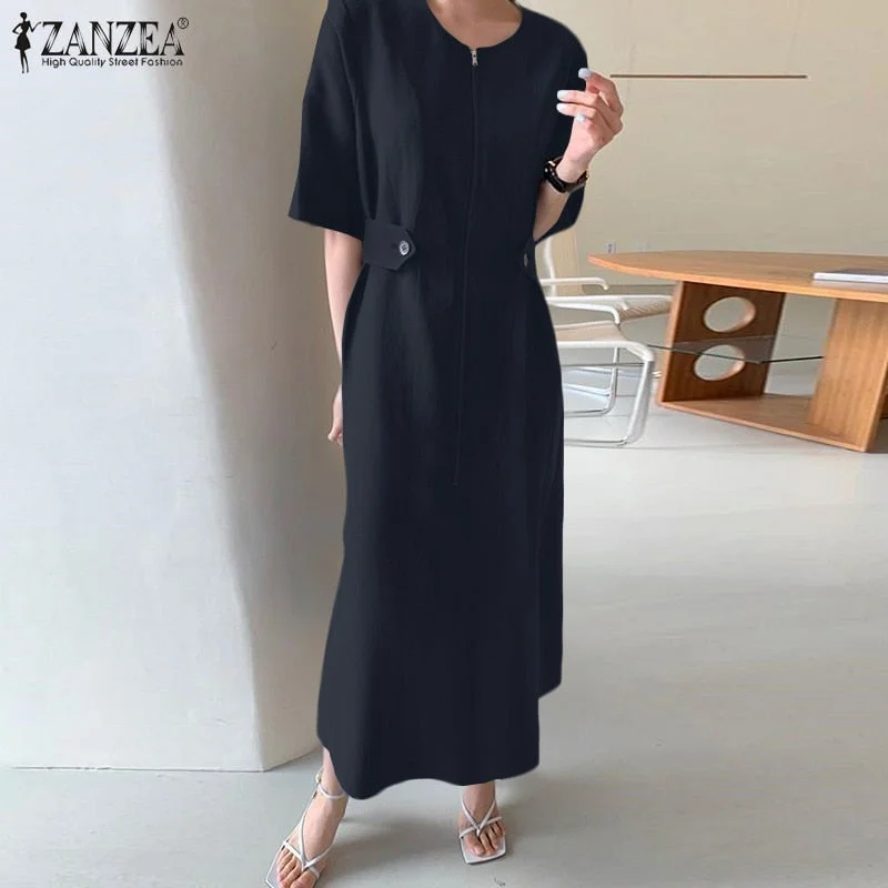 ZANZEA Female Elegant Oneck Chic Vestidos Casual Solid Color Robe Femme Summer Half Sleeve Oversize Maxi Dress Women's Sundress Cozy Cold-Shoulder Maxi Dress ZANZEA Female Elegant Oneck Chic Vestidos Casual Solid Color Robe Femme Summer Half Sleeve Oversize Maxi Dress Women's Sundress Cozy Cold-Shoulder Maxi Dress