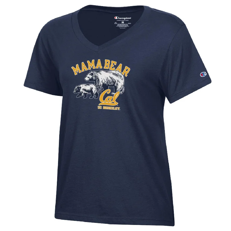 U.C. Berkeley arch Mama Bear and Cal Champion women's V-Neck T-Shirt-Navy Solid Print Embellished