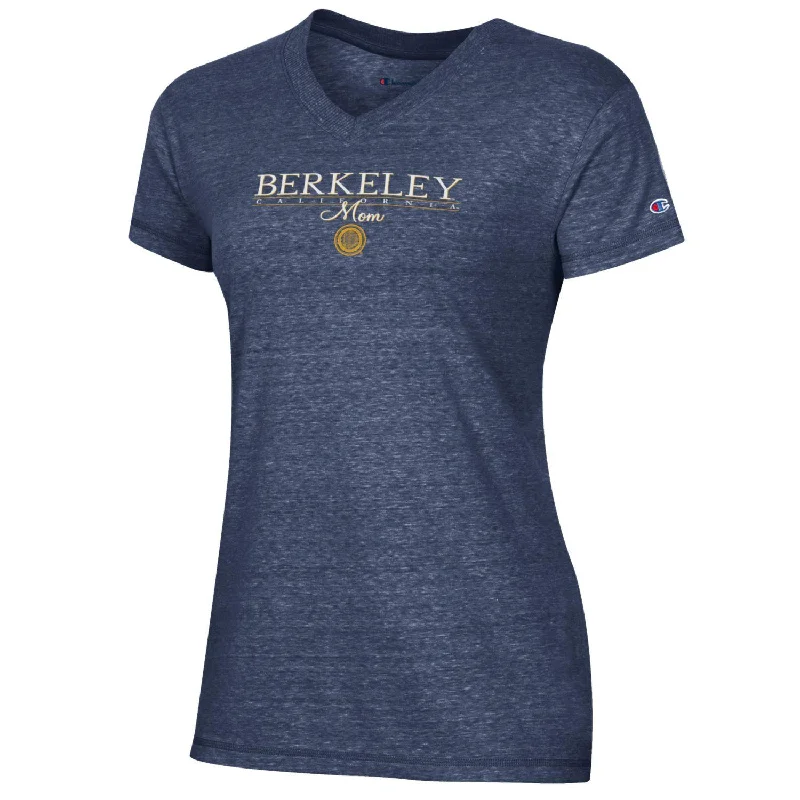 U.C. Berkeley Cal  cursive Mom and lines Champion Triumph V-Neck T-Shirt-Navy Ribbed Striped Patterned