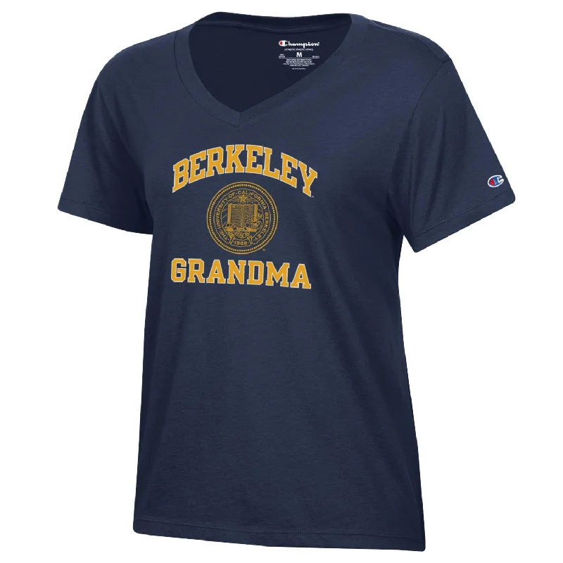 U.C. Berkeley arch and seal GrandMa Champion women's V-Neck T-Shirt-Navy Layered Multi-layer Single Layer