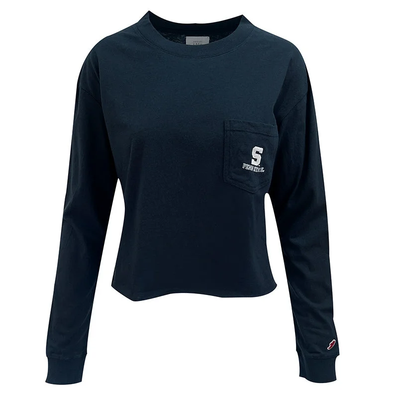 League Ladies Long Sleeve Cropped T-Shirt Striped Floral Plaid