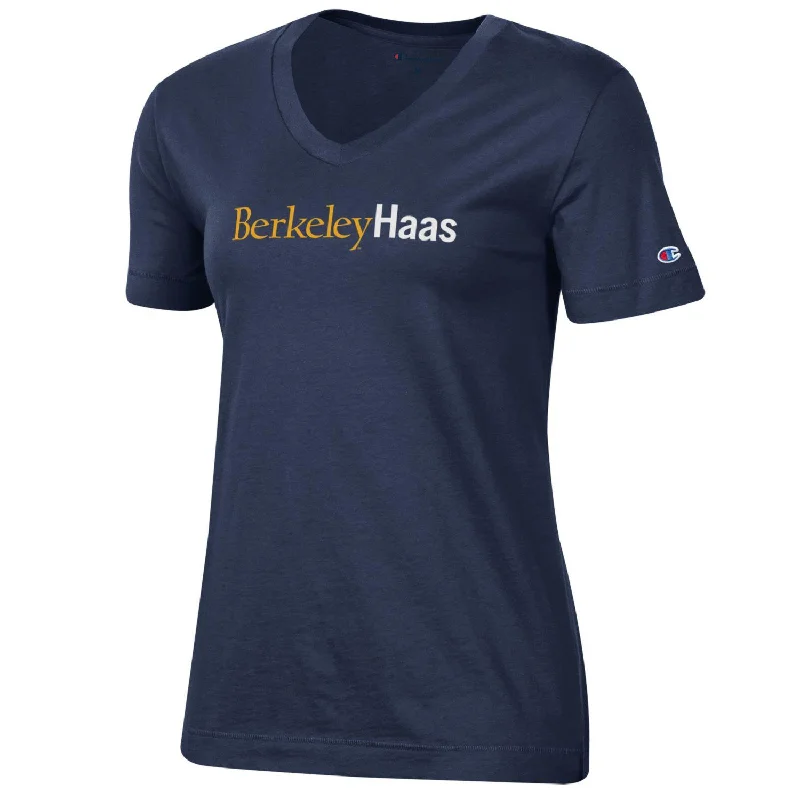 U.C. Berkeley HAAS business school women's V-Neck T-Shirt-Navy Chenille Brocade Lace