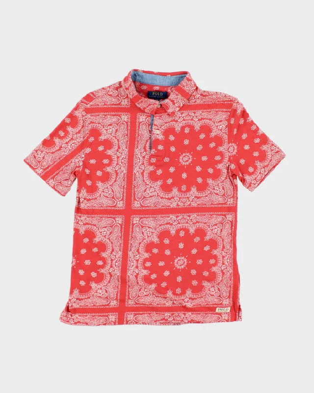 Vintage Women's Y2K Ralph Lauren Red Paisley Polo Shirt - L Real Fur Shearling Chenille Vintage Women's Y2K Ralph Lauren Red Paisley Polo Shirt - L Real Fur Shearling Chenille