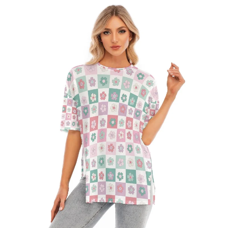 All-Over Print Women's Short Sleeves T-shirt With Hem Split Modern Contemporary Chic