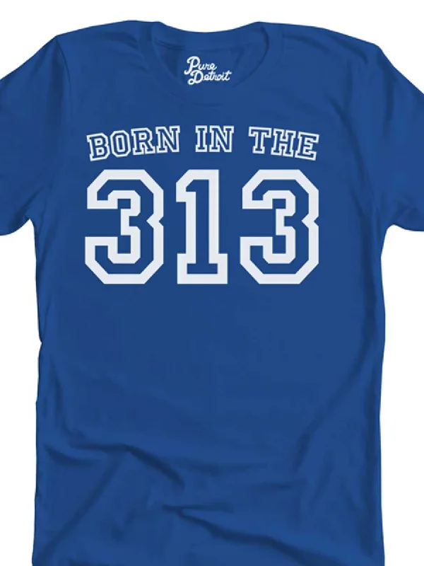 Born in the 313 Unisex T-shirt - White / Royal Solid Color Striped Floral