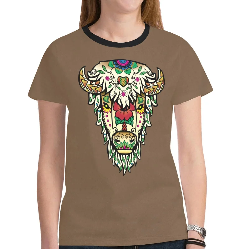 Buffalo Spirit Guide (Dark Brown) T-shirt for Women Spandex Blend Rayon Blend Denim Blend