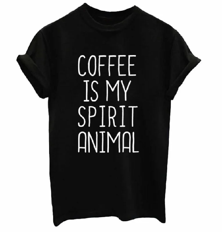 coffee is my spirit animal Graphic letter Printed T-Shirt Short Sleeve Casual Stylish Tee Trendy Aesthetic Ladies Tops Outfits Terry Blend Velvet Blend Canvas Blend