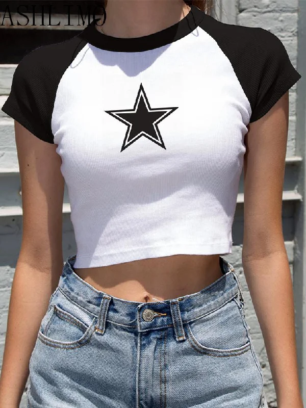 Female Clothes Star Tops Women Tshirt Harajuku Retro Fashion Gothic Short Sleeve Crop Sexy Tops Aesthetics Tops Short Navel Casual Formal Business