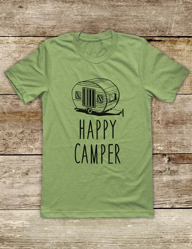 Happy Camper Trailer - Camping hiking shirt Soft Unisex Men or Women Short Sleeve Jersey Tee Shirt Welt Pockets Slit Pockets Flap Pockets