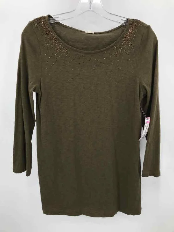 Pre-Owned J Crew Green Size Small 3/4 Sleeve T-shirt Asymmetrical Pockets Print