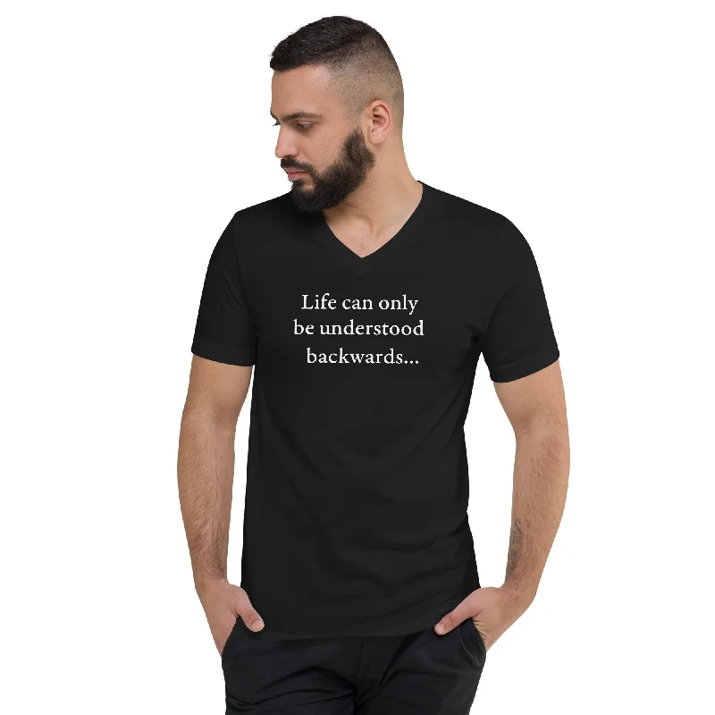 Kierkegaard Quote - Life can only be understood backwards - V-Neck T-Shirt Denim Fabric Leather Fabric Suede Fabric