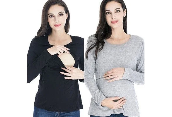 Long Sleeve Breastfeeding Tops Women Nursing T-shirt Cotton Boxy Fit Fitted Loose