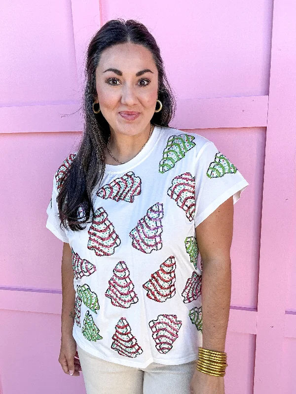 QUEEN OF SPARKLES | White Little Debbie Trees Tee Houndstooth Herringbone Solid