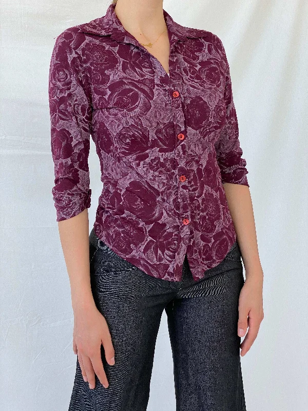 Vintage Ici & Maintenant Sport Floral Women’s Purple Button Up Shirt - M Layered Multi-layer Single Layer