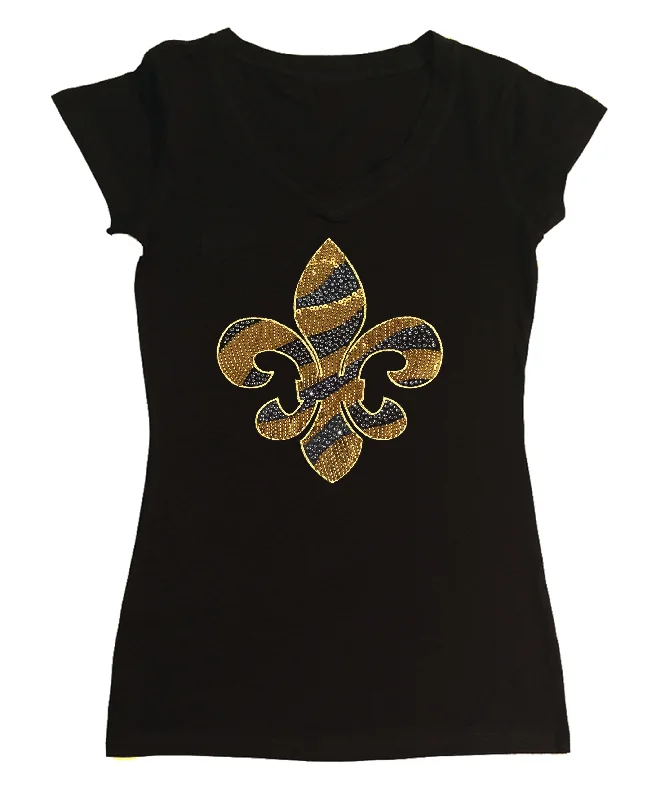 Womens T-shirt with Gold Sequins and Rhinestones Fleur de Lis V-Neck T-Shirt Long Sleeve Cotton