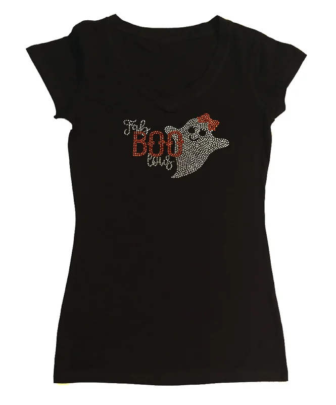 Womens T-shirt with Halloween Ghost Fab Boo lous in Rhinestones Chenille Blend Fleece Blend Nylon Blend