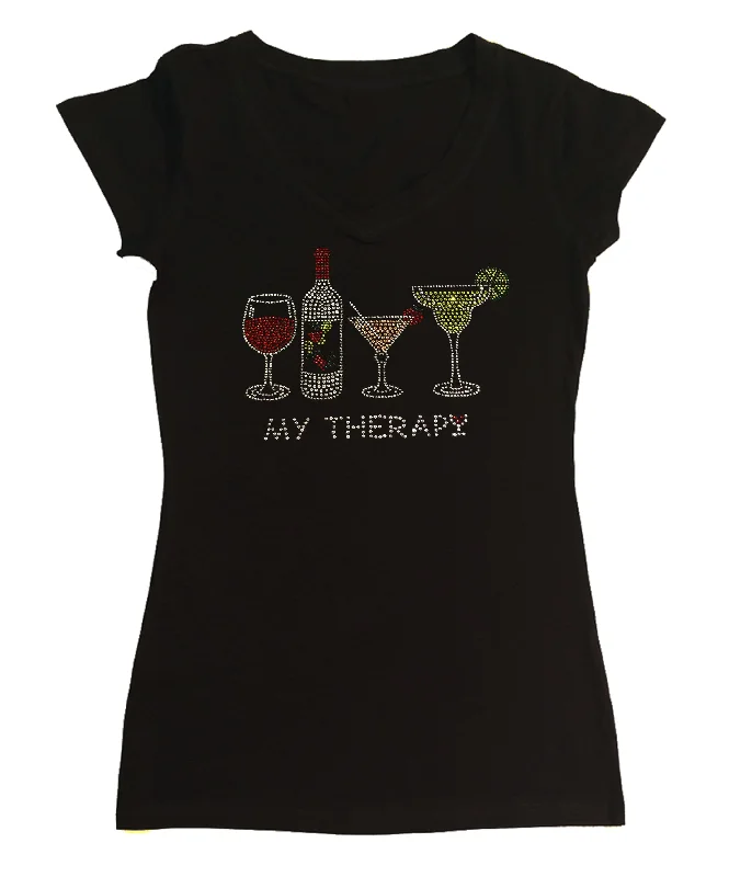 Womens T-shirt with My Therapy - Wine Bottle - Drinks in Rhinestones Oversized T-Shirt Spandex breathable