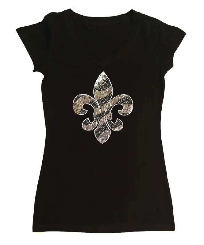 Womens T-shirt with Silver Sequins and Rhinestones Fleur de Lis Anti-Pilling Machine Wash Handmade